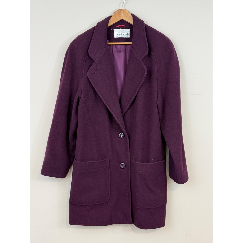 Mackintosh Coat Dark Plum Pure Wool Longline Overcoat 80s Union Made Vintage 14